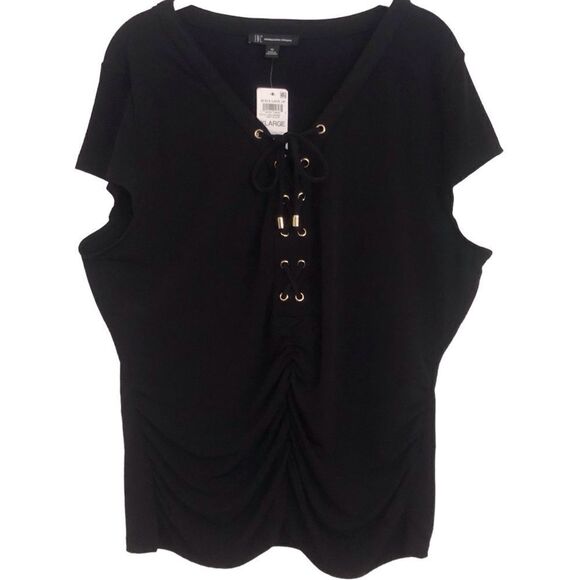 INC International Concepts Black Shortsleeved Lace Up Top - Picture 1 of 4